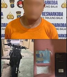 tersangka M.S Alias Cek Murni beserta barang bukti diamankan Sat Resnarkoba Polres Tanjung Balai.