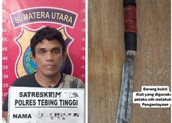 Pelaku Pembacokan DE dan barang bukti yang ditangkap Sat Reskrim Polres Tebing Tinggi