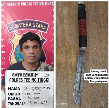 Pelaku Pembacokan DE dan barang bukti yang ditangkap Sat Reskrim Polres Tebing Tinggi
