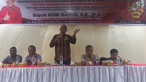 Anggota DPRD Kota Medan Robi Barus SE M.AP saat menggelar Sosialisasi Peraturan Daerah (Perda) Kota Medan Nomor 10 Tahun 2021 tentang Ketentraman dan Ketertiban Umum, Minggu (Foto Ist)