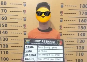 Pelaku pencurian yang merupakan satpam rumah kos yang ditangkap personel Polsek Medan Kota. (Foto Ist)