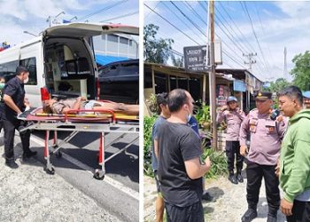 Kapolsek Siantar Marihat AKP David Eka Putra SH bersama Wakapolsek IPTU Nana Sandara SH dan anggota respon cepat bantu evakuasi seorang warga didug ODGJ tergeletak lemas di Jalan Parapat KM 6