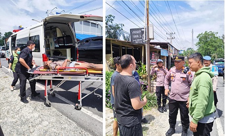Kapolsek Siantar Marihat AKP David Eka Putra SH bersama Wakapolsek IPTU Nana Sandara SH dan anggota respon cepat bantu evakuasi seorang warga didug ODGJ tergeletak lemas di Jalan Parapat KM 6