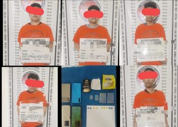Ke lima tersangka dan barang bukti yang ditangkap Sat Resnarkoba Polres Pematangsiantar