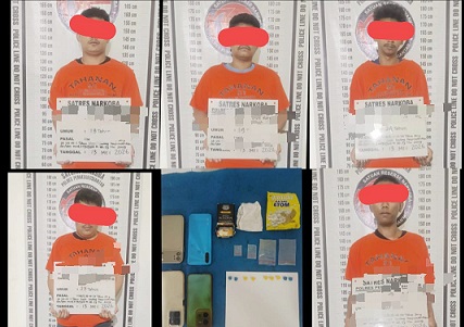Ke lima tersangka dan barang bukti yang ditangkap Sat Resnarkoba Polres Pematangsiantar