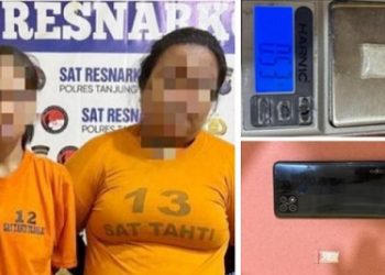 Kedua tersangka, KS dan MS beserta barang bukti yang ditangkap Sat Resnarkoba Polres Tanjung Balai
