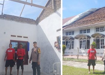 Bhabinkamtibmas BRIPKA Yonedi monitoring rumah warga terdampak bencana alam angin puting di Kelurahan Sukaraja