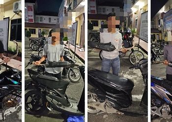 Keempat pengendara sepedamotor menunjukkan knalpot brong yang disuruh dibuka