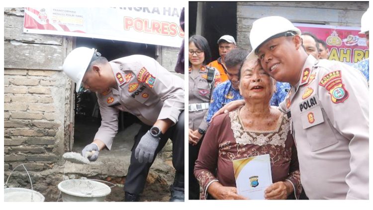 Kapolres Simalungun AKBP Marganda Aritonang SH SIK MM saat peletakan batu pertama bedah rumah milik Ibu Rosmalina Br. Sipayung