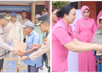 Kapolres Tanjungbalai, AKBP Welman Feri, S.I.K. M.I.K dan Ketua Bhayangkari Cabang Tanjungbalai, Ny. Cinthia Welman saat berikan Sembako