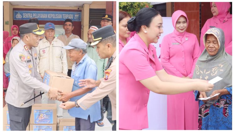 Kapolres Tanjungbalai, AKBP Welman Feri, S.I.K. M.I.K dan Ketua Bhayangkari Cabang Tanjungbalai, Ny. Cinthia Welman saat berikan Sembako