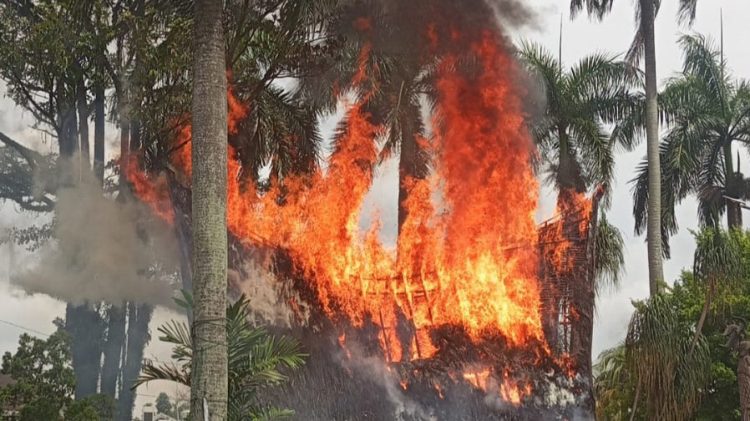 Bangunan rumah adat di kawasan Monumen Tugu Nasional Sisingamangaraja XII hangus terbakar. (Foto Ist)