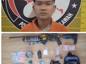 Bandar sabu di Lorong Proyek, Kelurahan Bagan Deli, Kecamatan Medan Belawan yang ditangkap beserta barang bukti senapan angin disita polisi. (Foto Ist)