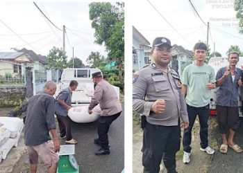 Kapolsek Siantar Marihat AKP David Eka Putra SH bersama Bhabinkamtibmas Kelurahan Simarimbun BRIPK Johannes C. Siregar SH melakukan pendampingan penjualan jagung petani binaan ke Bulog Cabang Pematangsiantar