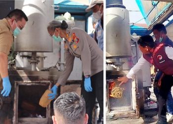 Kapolres Pematangsiantar AKBP Sah Udur T.M. Sitinjak SH. SIK. MH, Walikota Pematangsiantar Wesly Silalahi, S.H. M.KN dan Kasat Resnarkoba AKP Irwanta Sembiring SH. MH  saat musnahkan barang bukti narkotika gunakan Mesin incinerator 