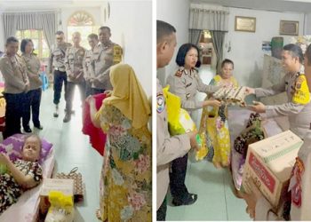 Kapolsek Siantar Utara AKP Jahrona Sinaga SH didampingi Wakapolsek IPTU Irpansyah Siregar dan personil saat berikan bansos kepada warga membutuhkan