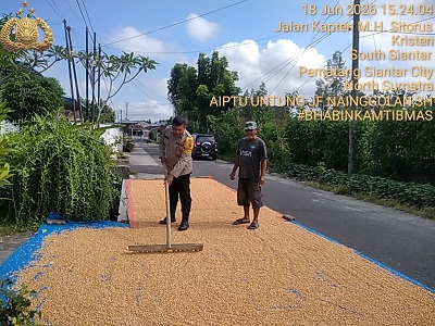 Bhabinkamtibmas Kelurahan Simalungun AIPTU Untung JF Nainggolan dan Bhabinkamtibmas Kelurahan Kristen BRIPKA Swandi Hutabarat membantu prosese penjemuran hasil panen jagung petani binaan Bapak Ramlan Nainggolan