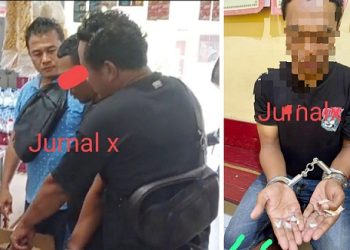 Tersangka JA alias Caknen saat ditangkap Kanit Reskrim IPTU M. Frangky Chandra Dorongan SH. MH dan tim opsnal 