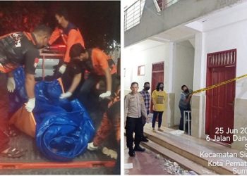 Jenajah korban RM saat dievakuasi dan Tim Inafis bersama personil Polsek Siantar Timur memasang Police Line didepan pintu kamar kos korban