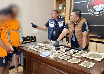 Dua mahasiswa yang ditangkap polisi mengedarkan daun ganja kering di kalangan mahasiswa. (Foto Ist)