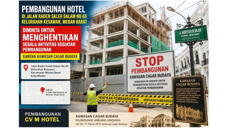 Pembangunan hotel di Jalan Raden Saleh Dalam No 65 Kelurahan Kesawan, Medan Barat diminta dihentikan segala aktivitas kegiatan pembangunan. (Foto Ist)