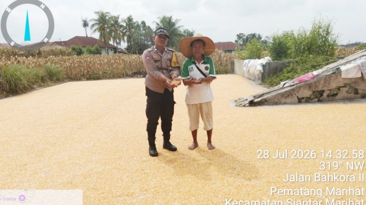 Bhabinkamtibmas Kelurahan Marihat Jaya Aiptu Erick F Marbun melakukan sambang dan monitoring petani binaan menjemur hasil panen jagung di Jalan Bahkora II