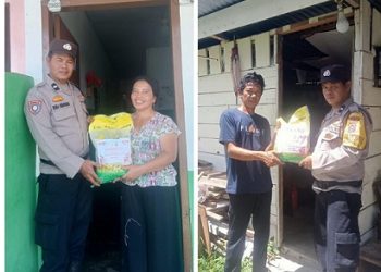 Bhabinkamtibmas Kelurahan Pardamean AIPDA P. Sebayang menyalurkan Bansos dari Kapolres Pematangsiantar kepada warga kurang mampu