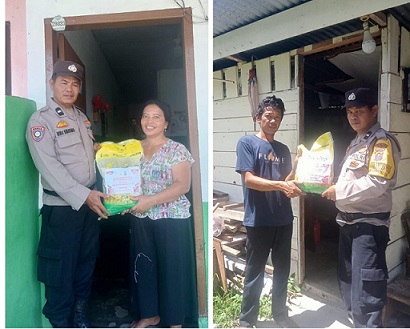 Bhabinkamtibmas Kelurahan Pardamean AIPDA P. Sebayang menyalurkan Bansos dari Kapolres Pematangsiantar kepada warga kurang mampu