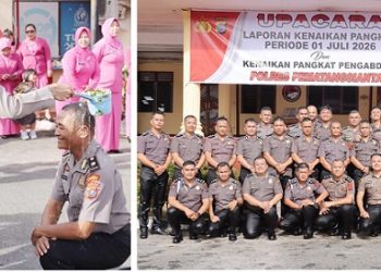 Kapolres Pematangsiantar AKBP Sah Udur T.M Sitinjak S.H. S.I.K. M.H mandikan air bunga kepada Kompol Sutari dan ke 32 personil bintara naik pangkat