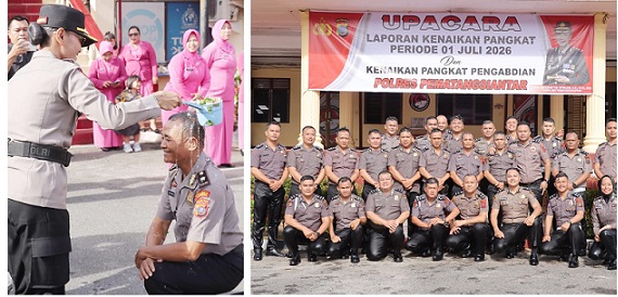 Kapolres Pematangsiantar AKBP Sah Udur T.M Sitinjak S.H. S.I.K. M.H mandikan air bunga kepada Kompol Sutari dan ke 32 personil bintara naik pangkat