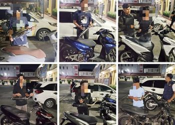 Keenam pengendara sepedamotor menggunakan knalpot brong saat diamankan di Polres Pematangsiantar