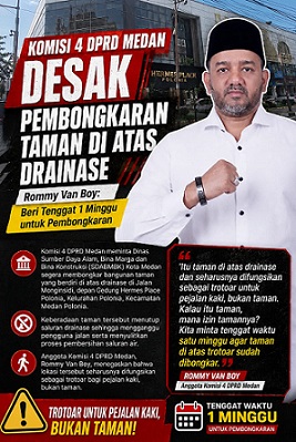 Komisi 4 DPRD Medan saat Rapat Dengar Pendapat (RDP) terkait taman di Jl Monginsidi depan gedung Hermes Place Polonia, Kelurahan Polonia Kecamatan Medan Polonia - Anggota DPRD Medan Rommy Van Boy. (Foto Ist)