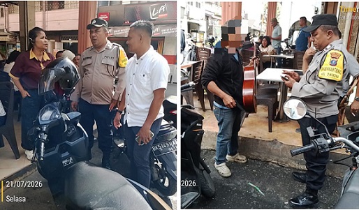 Kanit Reskrim IPDA Esron Pasaribu SH bersama piket Bhabinkamtibmas sampaikan himbauan kamtibmas di Koktong Jalan Cipto