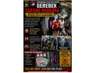 Polisi erebek sebuah ruman bantaran Sungai Deli, Jalan Badur yang dijadikan area sarang narkoba. (Foto Ist)