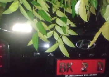 Mobil dinas Ketua DPRD Kota Medan, Wong Chung Sen Tarigan tertimpa pohon akibat hujan dan angin kencang. (Foto Ist)