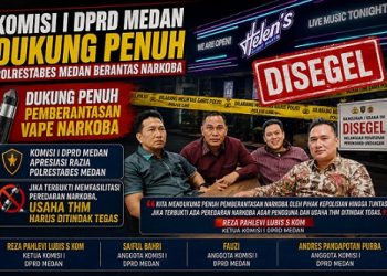 Ketua Komisi 1 DPRD Medan Reza Pahlevi Lubis S Kom didampingi anggota Komisi 1 Saiful Bahri, Fauzi dan Andreas Pandapotan Purba memberikan apreasi dan mendukung langkah APH razia narkoba di HW Helen's Night Mart (Foto Ilustrasi jurnalx.co.id)