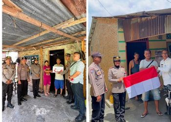 Kapolsek Siantar Utara IPTU Nana Sandra SH bersama Wakapolsek IPTU Irpansyah Siregar dan personil Bagikan Sembako serta Bendera Merah Putih kepada Warga Sambut HUT Kemerdekaan RI ke 81