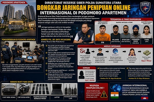 Polda Sumut membongkar jaringan penipuan daring (online scamming) berskala internasional yang beroperasi di Podomoro Apartemen Medan. (Foto Ist)