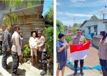 Kapolsek Siantar Utara IPTU Nana Sandra SH bersama Wakapolsek IPTU Arpansyah Siregar berikan bansos dan bendera merah putih kepada warga