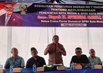 Ketua Fraksi Partai Demokrat DPRD Kota Medan, Iswanda Ramli saat pelaksanaan Sosperda Peraturan Daerah (Perda) No. 7 Tahun 2022 tentang Keolahragaan. (Foto Ist)