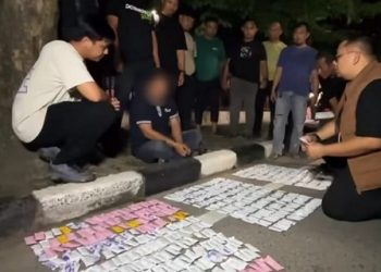 Penangkapan pelaku pengedar pod getar baru berbentuk permen di Jalan Iskandar Muda Medan dengan pelaku berinsial DF dari Aceh Utara. (Foto Ist)