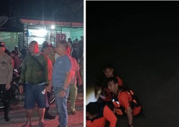 Pawas Kanit Samapta IPTU Ritca Siahaan dan Kanit Reskrim IPDA Leo A. Tambunan SH saat lakukan pencarian terhadap korban di TKP