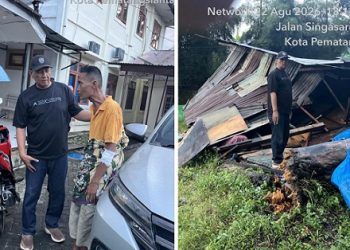Bhabinkamtibmas AIPTU Rayendra P. Damanik saat membawa Bapak Bonsar kondisi luka berobat ke Puksesmas dan rumahnya roboh ditimpa pohon tumbang