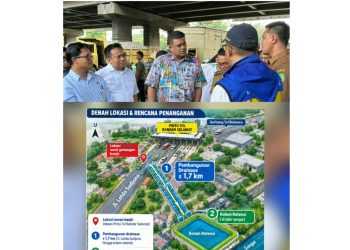 Wakil Ketua DPRD Kota Medan, H. Zulkarnaen, S.K.M mendampingi Gubsu Bobby Nasution meninjau kawasan Pintu Tol Bandar Selamat, Jalan Letda Sudjono, Kecamatan Medan Tembung dan denah perencanaan pembangunan. (Foto Ist)