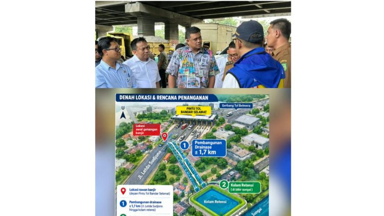 Wakil Ketua DPRD Kota Medan, H. Zulkarnaen, S.K.M mendampingi Gubsu Bobby Nasution meninjau kawasan Pintu Tol Bandar Selamat, Jalan Letda Sudjono, Kecamatan Medan Tembung dan denah perencanaan pembangunan. (Foto Ist)