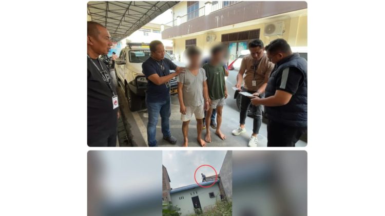 Dua pelaku narkoba yang ditangkap setelah diburu polisi dengan memanjat atap rumah warga. (Foto Ist)