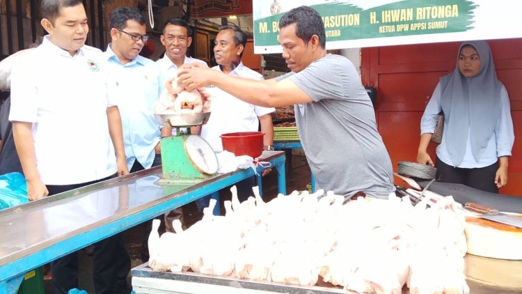 Ketua APPSI Sumut, Ihwan Ritonga didampingi Wakil Ketua, Suwarno meninjau pembukaan operasi pasar daging ayam di area basemen Pasar Petisah. (Foto Ist)