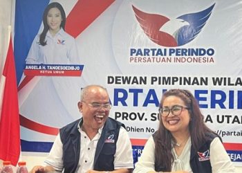 Ketua DPW Partai Perindo Sumut Makmur Marpaung dan Sekretaris Donna Yulietta Siagian. (Foto Ist)