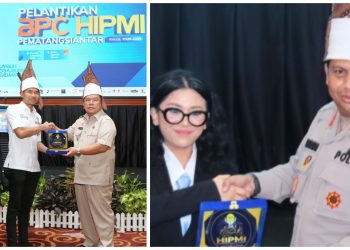 Wali Kota Pematangsiantar Wesly Silalahi SH MKn dan Kapolres Pematangsiantar AKBP Dhana Noer Kurniawan SIK. MM terima cenderamata dari BPC HIPMI Kota Pematangsiantar
