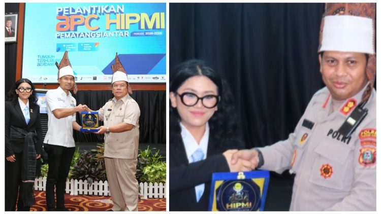 Wali Kota Pematangsiantar Wesly Silalahi SH MKn dan Kapolres Pematangsiantar AKBP Dhana Noer Kurniawan SIK. MM terima cenderamata dari BPC HIPMI Kota Pematangsiantar